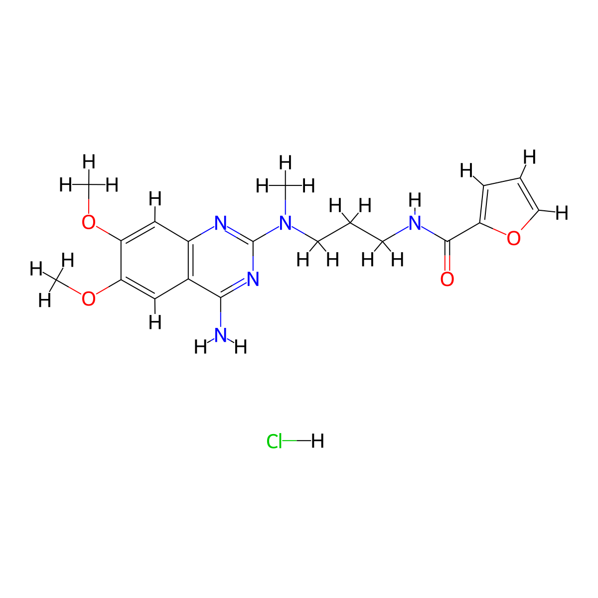 N-(3-((4-amino-6,7-dimethoxyquinazolin-2-yl)(methyl)amino)propyl)furan-2-carboxamide hydrochloride molecular structure, CAS 98902-29-5