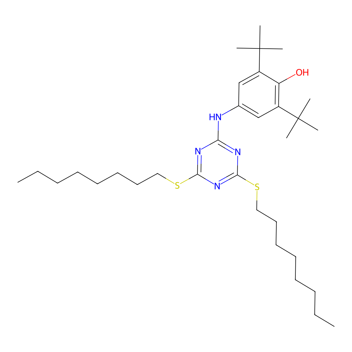 Phenol, 4-((4,6-bis(octylthio)-1,3,5-triazin-2-yl)amino)-2,6-bis(1,1-dimethylethyl)- molecular structure, CAS 991-84-4