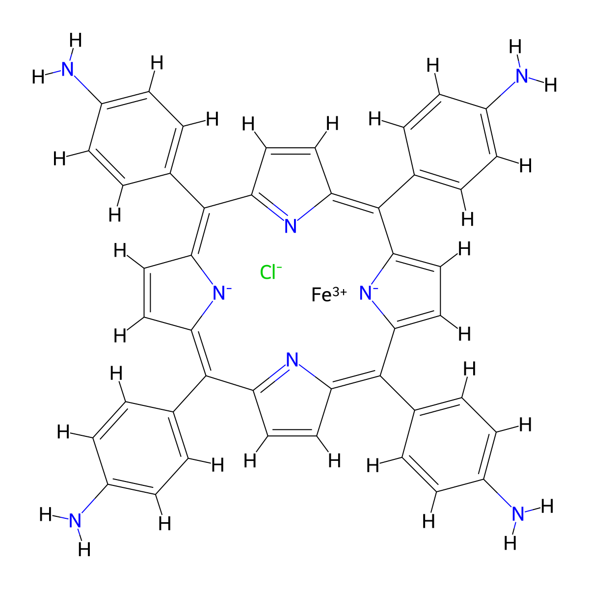 (SP-4-1)-((4,4',4'',4'''-(21H,23H-Porpine-5,10,15,20-tetrayl)tetrakis(benzenaminato))(2-)-N21,N22,N23,N24)iron(1+) chloride molecular structure, CAS 99651-88-4